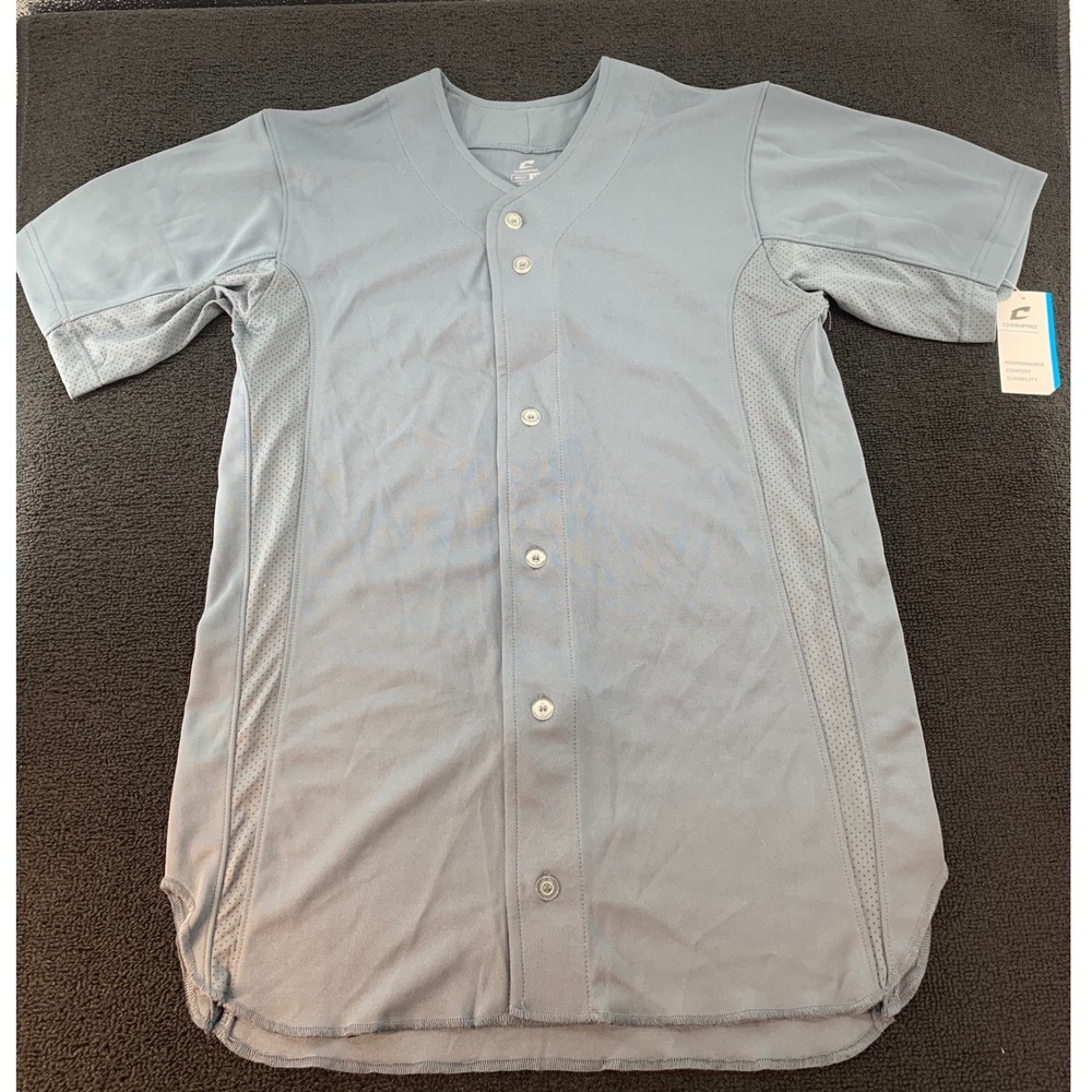 Champro Mens Adult Medium Baseball‎ Jersey Gray Short Sleeve Button Up